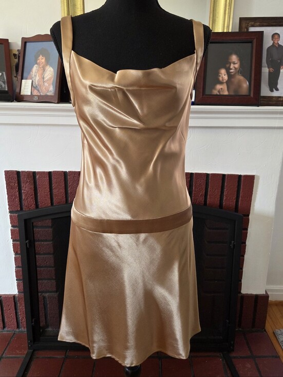 Moda International Dresses & Skirts - Moda Intl Satin Cowl Neck Dress in Warm Gold